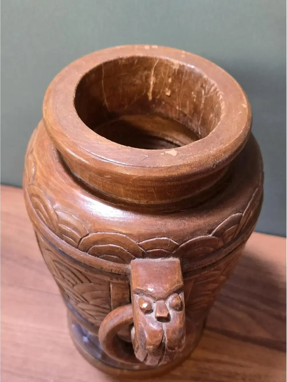 Vintage Hand Carved Wood Amphora Vase with Rings
